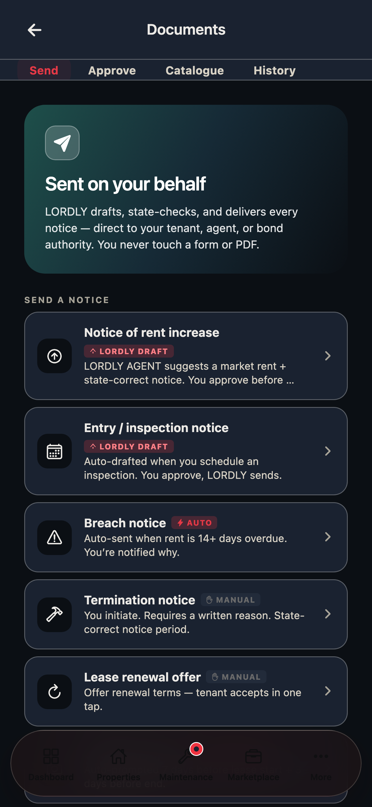 LORDLY app — Documents: notices sent on your behalf