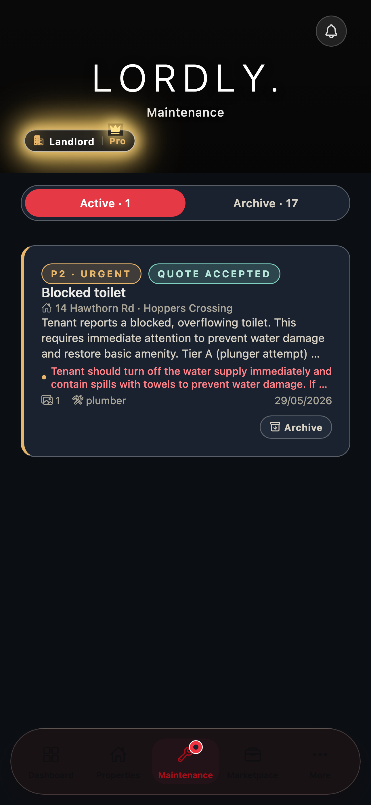 LORDLY app — Maintenance triage
